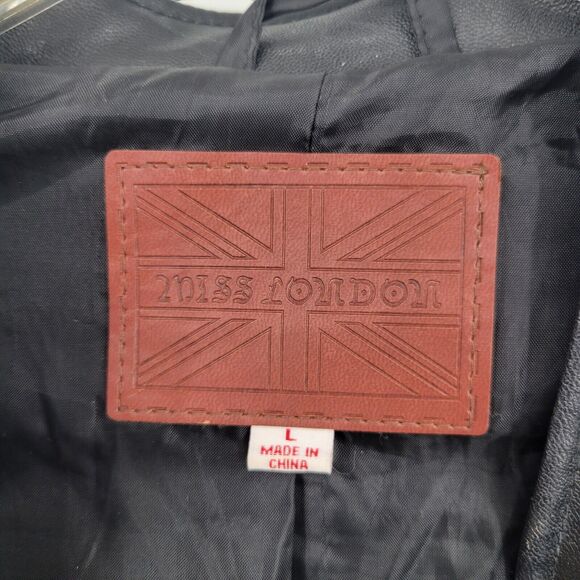 Miss London Womens Black Vegan Leather Jacket Size L Fringe Motorcycle Biker - Picture 6 of 10